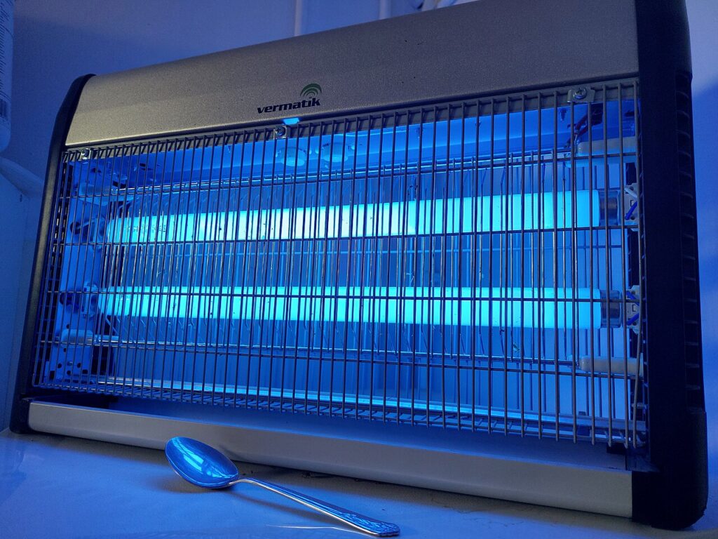 Electric ultraviolet fly zapper with a blue light grid